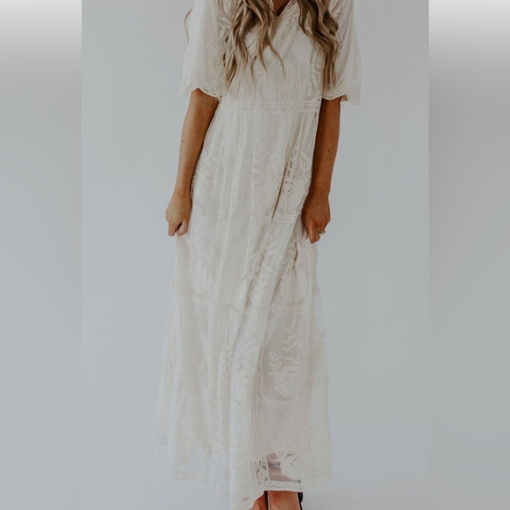 Off-white lace v-neck maxi dress